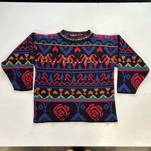Vintage 80s mock turtle intarsia knit cotton sweater, slouchy oversize fit